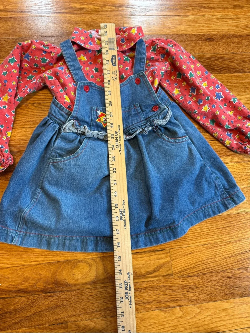 Vintage 90s Clown Denim Overalls Dress, Two Piece Stars Shirt Skirt (Youth 4)